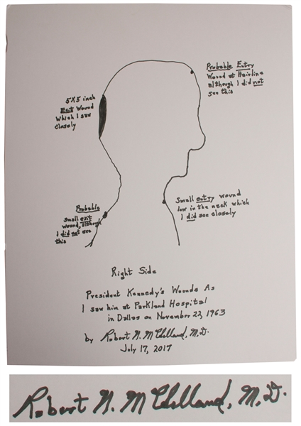 Very Large 16'' x 20'' Signed Drawing of ''President Kennedy's Wounds as I saw him at Parkland Hospital in Dallas on November 22, 1963'' by Dr. Robert McClelland, Who Held President Kennedy's Head